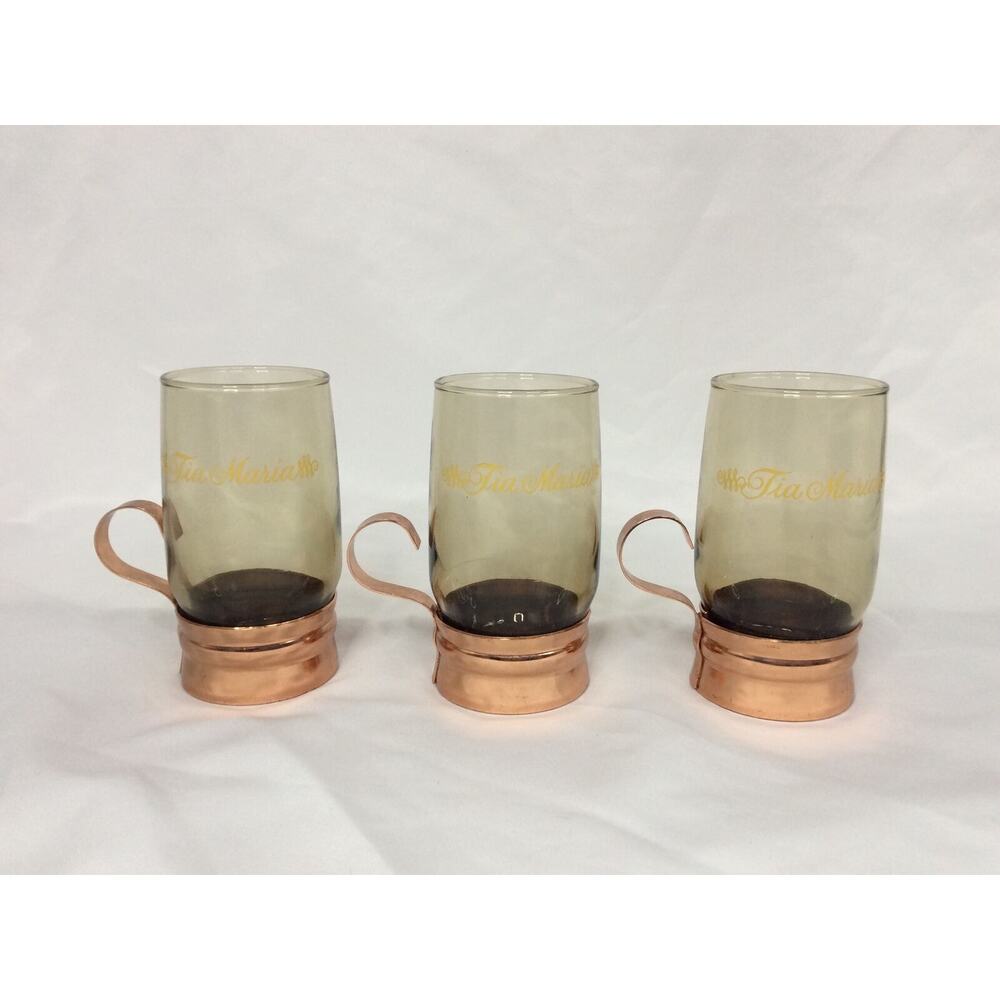 3 Vintage Folgers 1970s Tia Maria Smoked Liqueur Glasses w/ Copper Handles